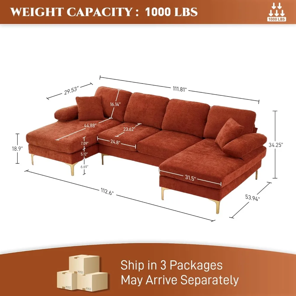 U-Shaped Sectional Sofa Couch, 4 Seat Sofa Set for Living Room, 112.6