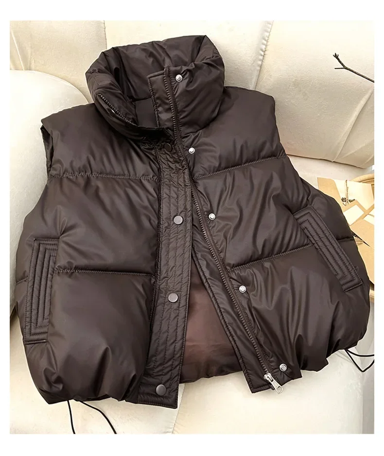 الخريف الشتاء الدافئة عادية الصلبة أكمام Waistoat المرأة سترة منتفخة وهمية الرقبة سترة أزرار حتى فضفاضة المرأة أسفل سترة #5