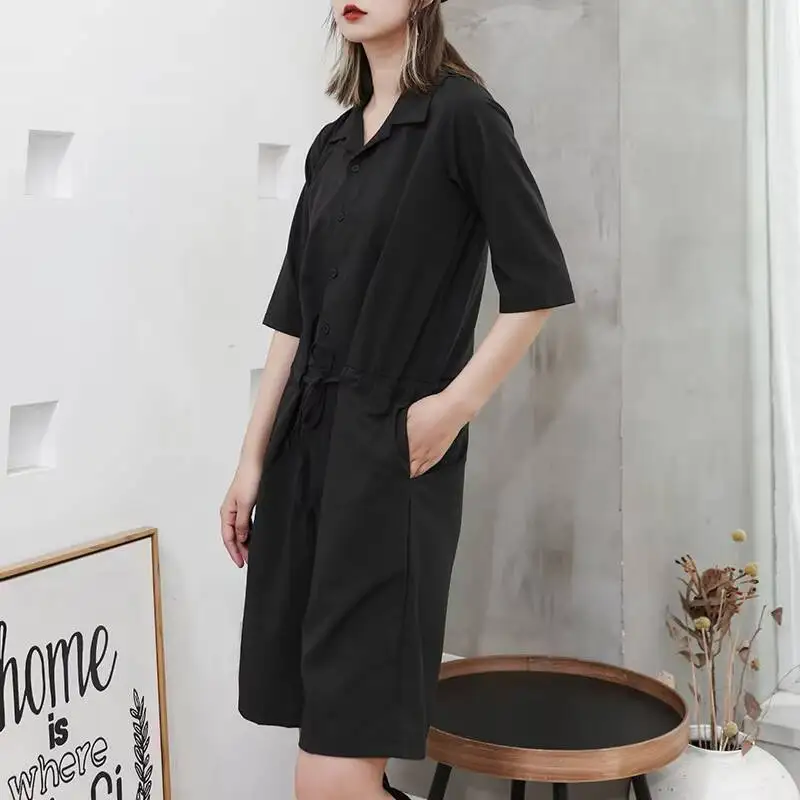 Women's Cargo Jumpsuit Shorts Summer New Fashion Dark High Street Casual All-Match Large Lapel Jumpsuit