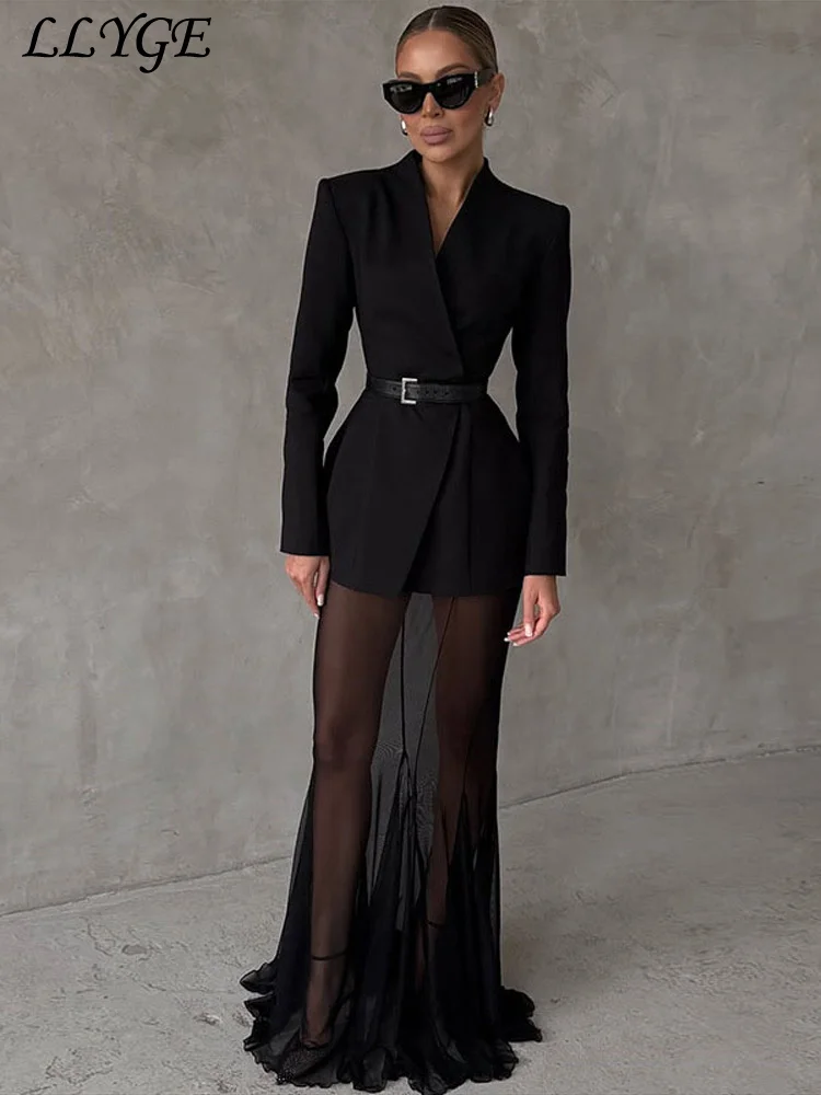 Elegant Solid Blazer Skirt Set Women Slim One Button Suit Jacket Pleated See Through Fishtail Skirts 2025 Spring Lady Party Suit