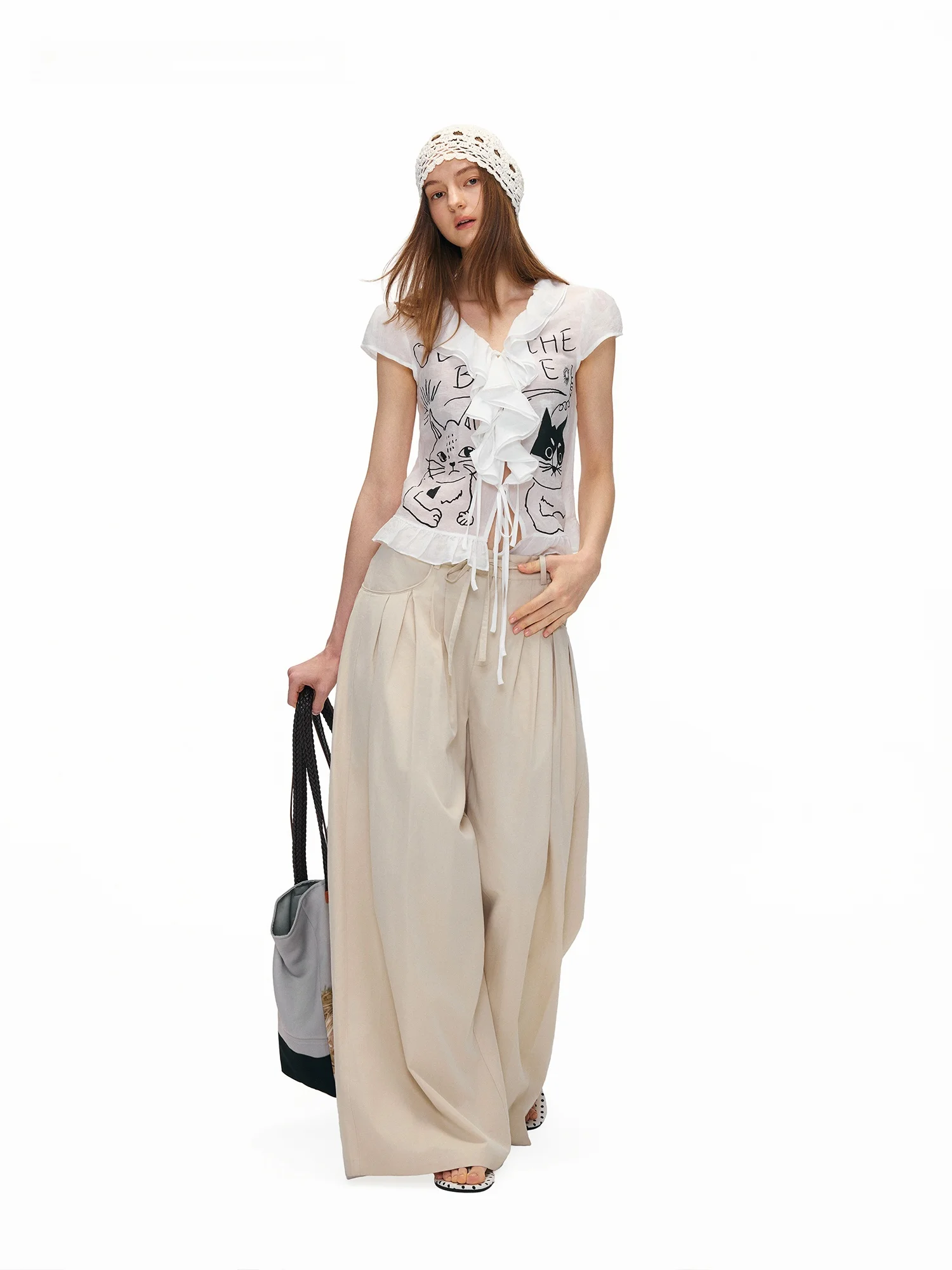 Outthe Blue Rebellious  Hand-Drawn Print V-Neck Half-Transparent Short-Sleeve T-Shirt Sweet Style Women's Top Fashion