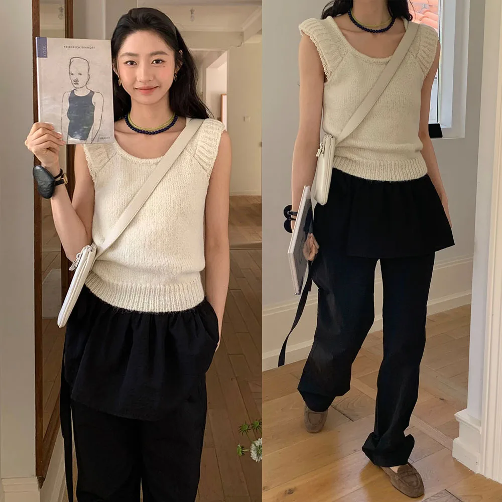 Loose Lace Splice Svel Knitted Top Korean Sle U-ape Small Flng Sve Cotton 00% Spring Faion Ladies' Sweater