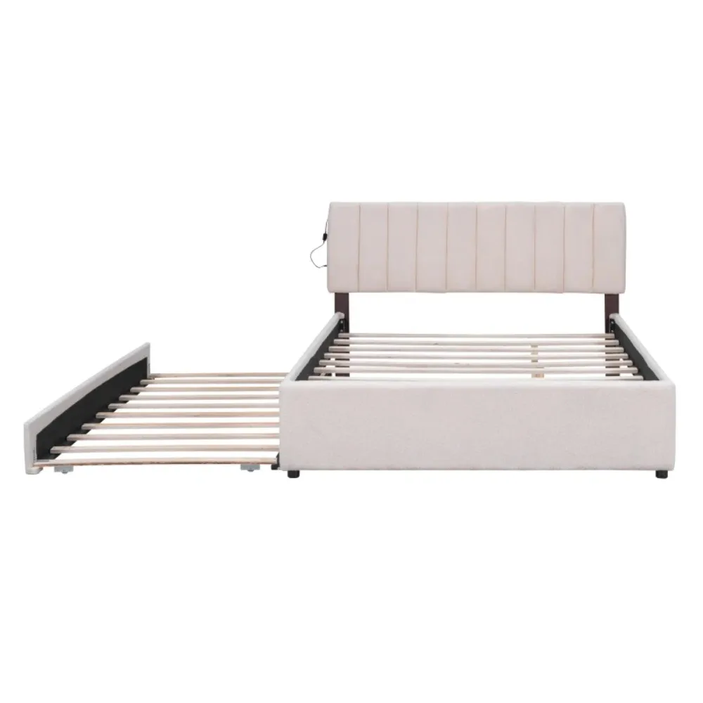 Teddy FleeceQueen Size Upholstered Platform Bed with Trundle, double decker bed with LED lights, adult and adolescent beds