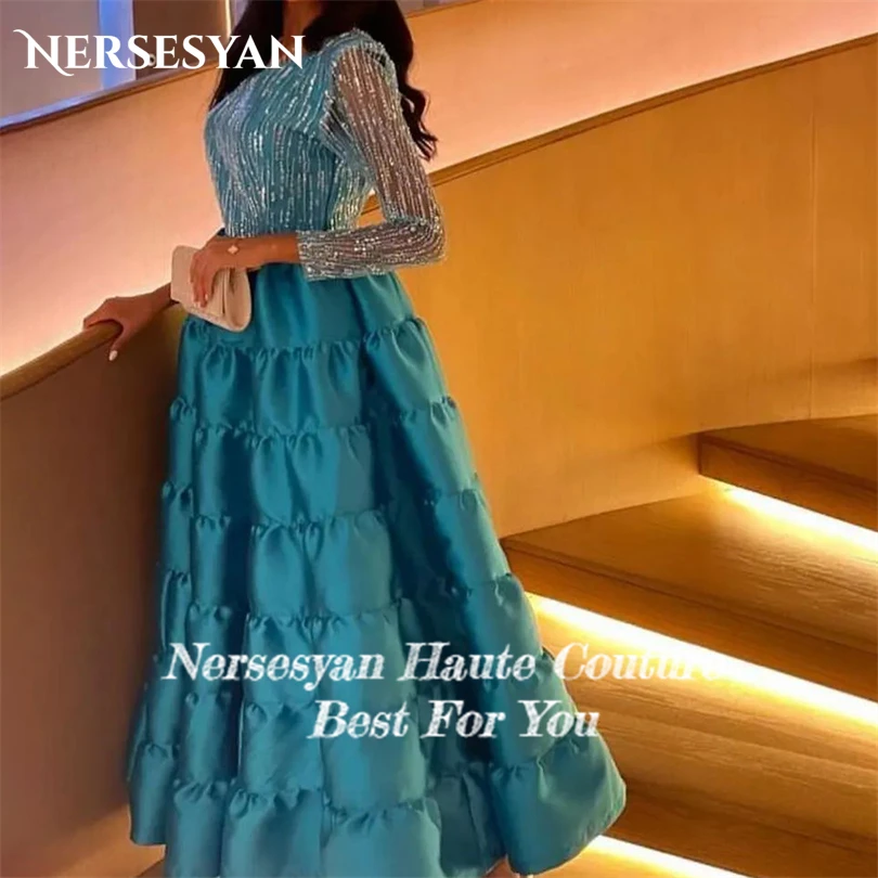 Nersesyan Glitter Satin Formal Evening Dresses Sequins Tulle Long Sleeves Party Gowns V-Neck A Line Draped Vestidos De Fiesta