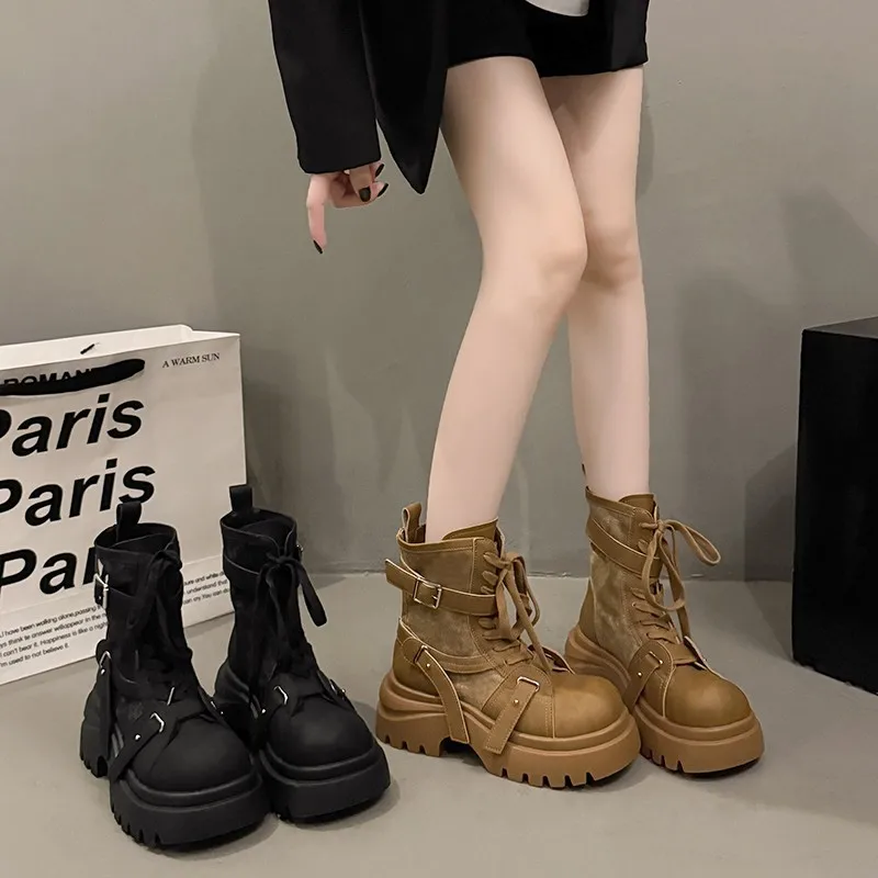 

Genuine Leather Thick-Soled Short Boots for Women British Style Denim Buckle Lace-Up Motorcycle Boots Popular Yellow Boots