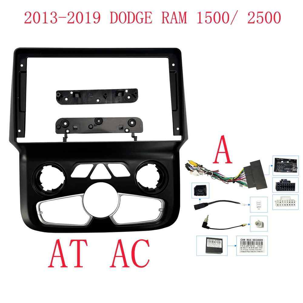 Car Radio Fascia Frame For Dodge Ram 1500 5500 2012-2019 9 inch 2DIN Stereo Panel Wiring Harness Power Cord Cable Canbus Decoder