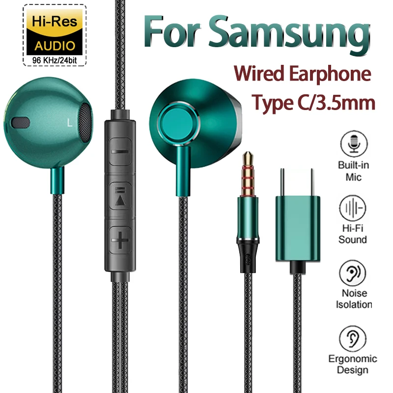 Type C in-Ear Headphone Bass Stereo Volume Control Mic For Galaxy S24 S23 S22 S21 S20 A53 A54 Flip 5 Fold 4 3.5mm Wired Headset