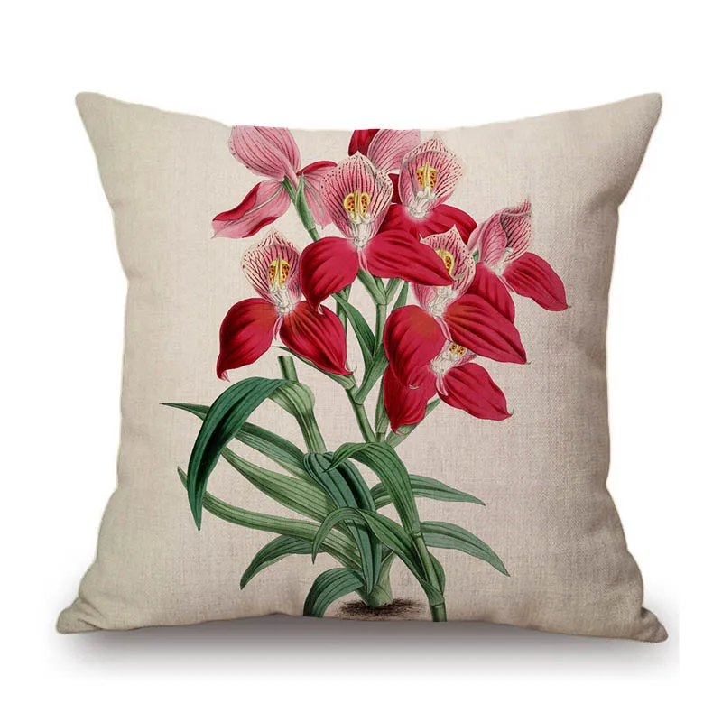 Hand Painted Orchid Flower Illustration Art Home Sofa Decoration Classic Pillow Case Cotton Linen Chair Waist Cushion Cover