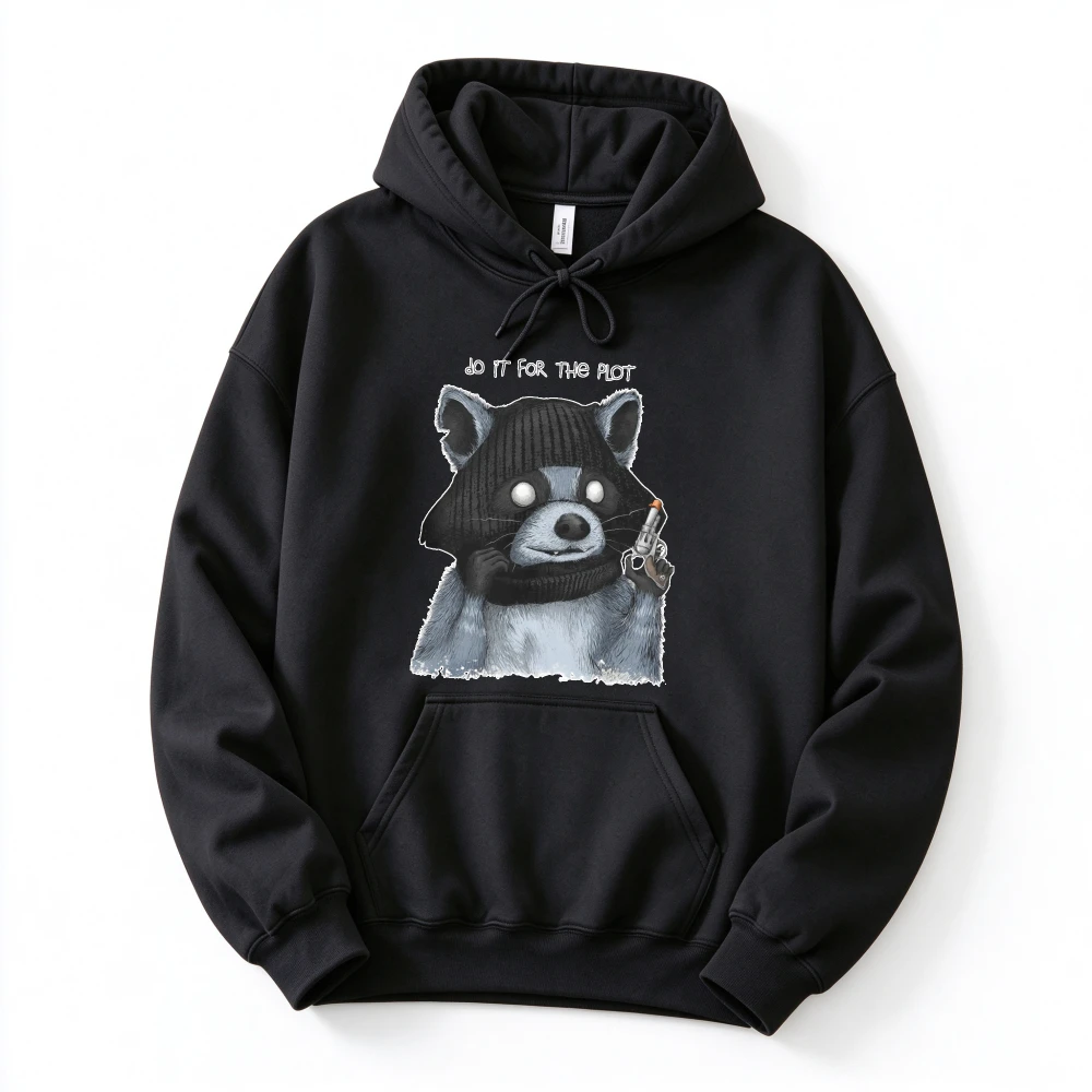 Do It for The Plot Funny Bandit Raccoon Graphic Hooded Sweatshirt Weird Meme Raccoon with Gun Print Pullover Long Sleeve Casual