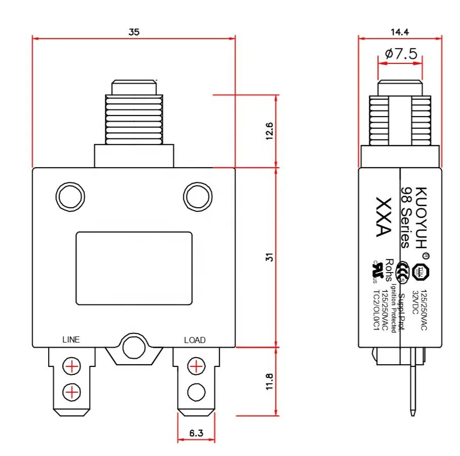 KUOYUH 98 serie 12A red push button solar panel circuit breakers