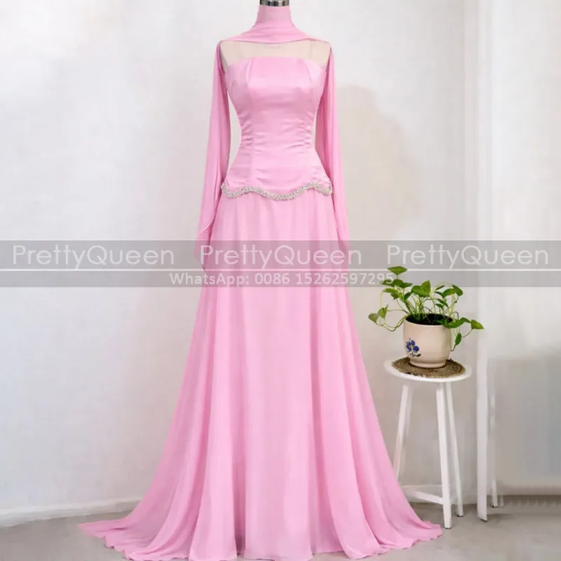 

Customized Long Evening Dress With Scarf Appliques A Line Strapless Pink Chiffon Masquerade Dress Party