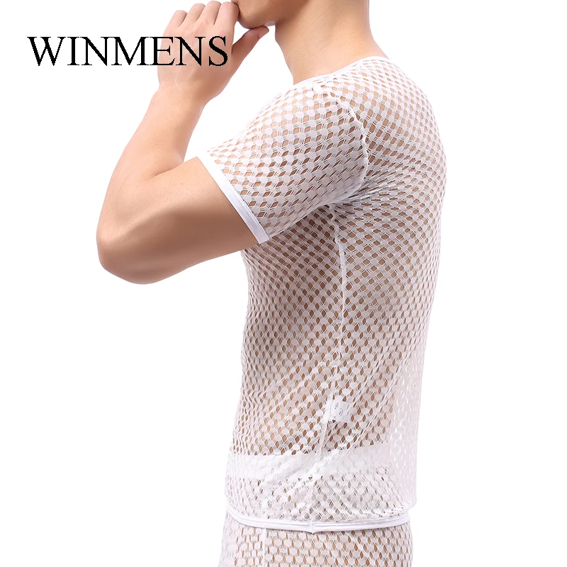 WOXUAN Brand Cut-out Mesh uomo See Through manica corta top o-collo a rete traspirante adulto divertente canottiere trasparenti erotiche