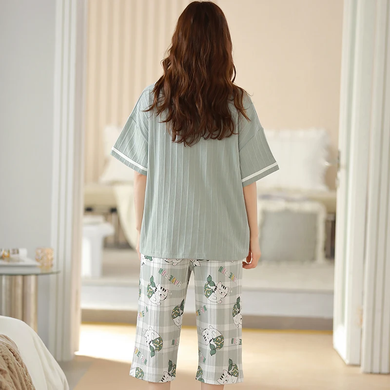 Summer Cotton Pyjamas Women Nightwear Suit Pajama Sets Short Sleeve Casual Sleepwear