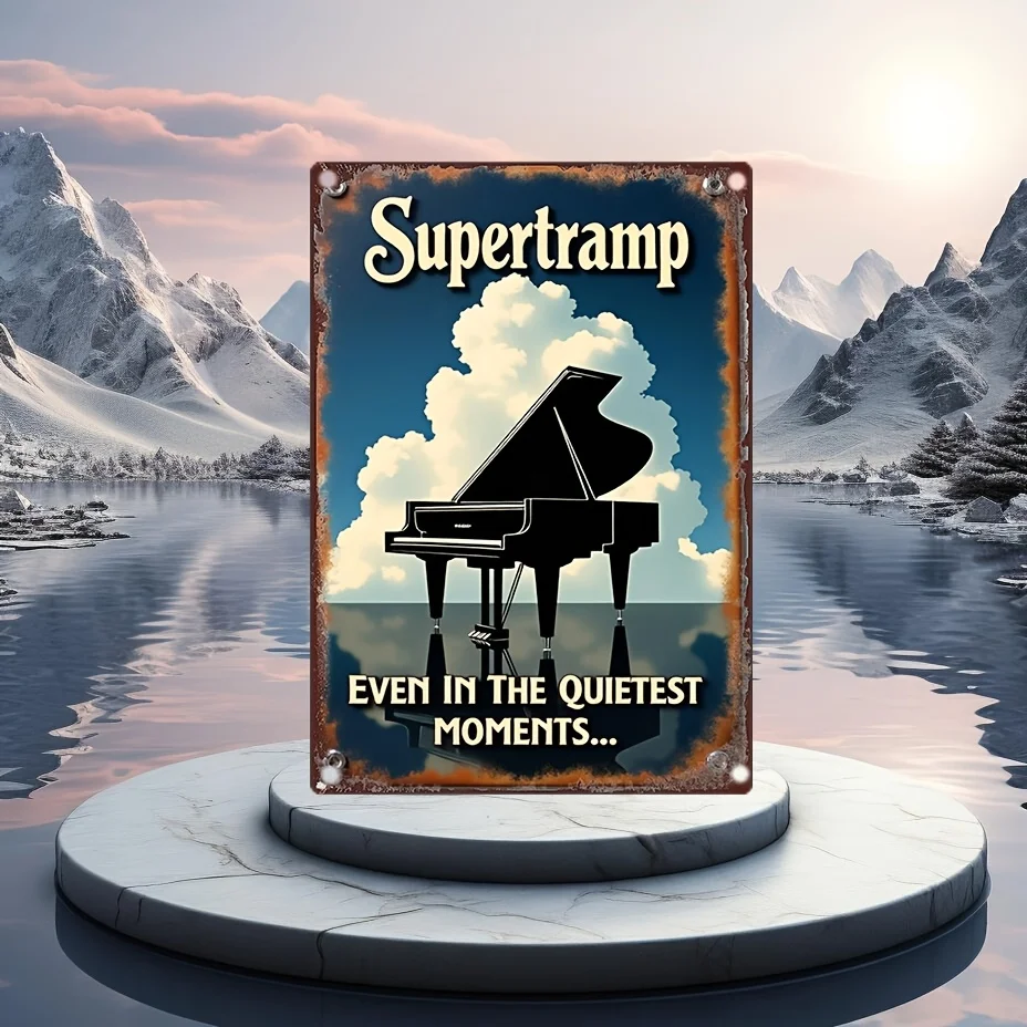Supertramp Vintage Metal Wall Plaque  - Rustic Iron Grand Piano & Mountain Landscape Art with 