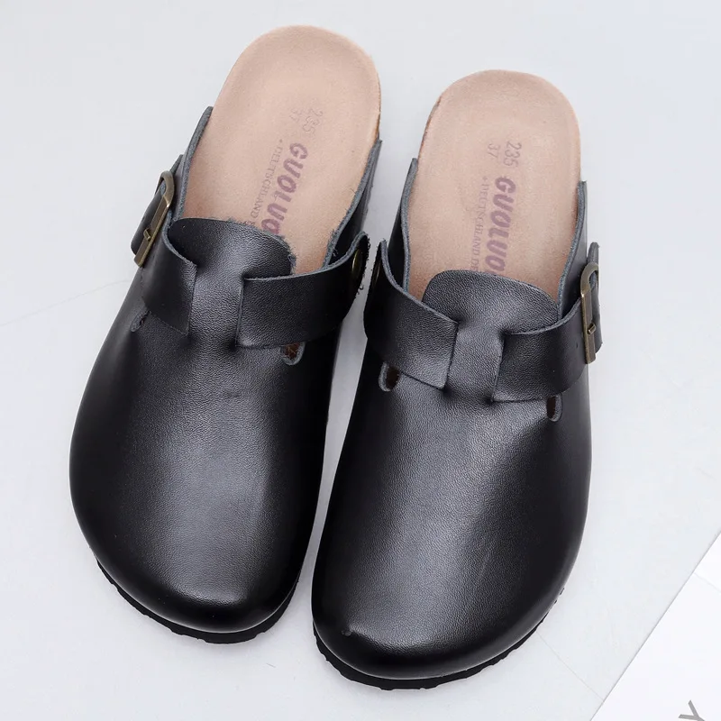 Unisex PU Leather Clogs Adjustable Buckle Slip On Cork Footbed Home Clog Slippers Mules Shoes