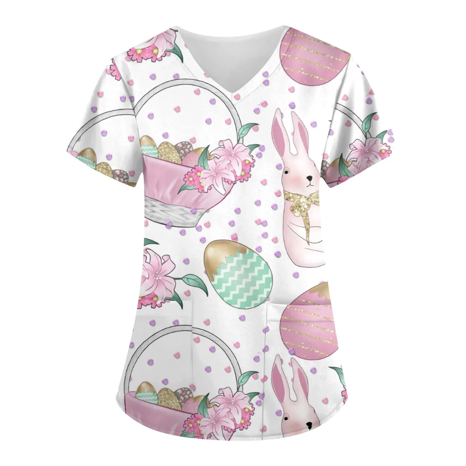 

Easter Print Scrubs Top Women Pockets V-Neck Scrub Uniforms Grooming Nurse Spa Caring Shirt Uniformes De