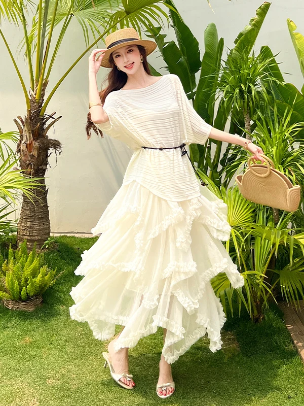 

Korean Sweet Two-Piece Ice Silk Knitted Top Tulle Skirt Women's Summer Fashion Set Chic Breathable Anti-Wrinkle Medium T...