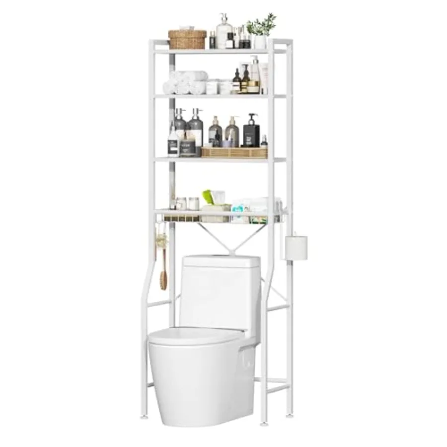 

Over-The-Toilet Storage Rack 4-Tier Durable Bathroom Organizer Shelf with Paper Holder 3 Hooks Basket Adjustable Cabinet for Ro