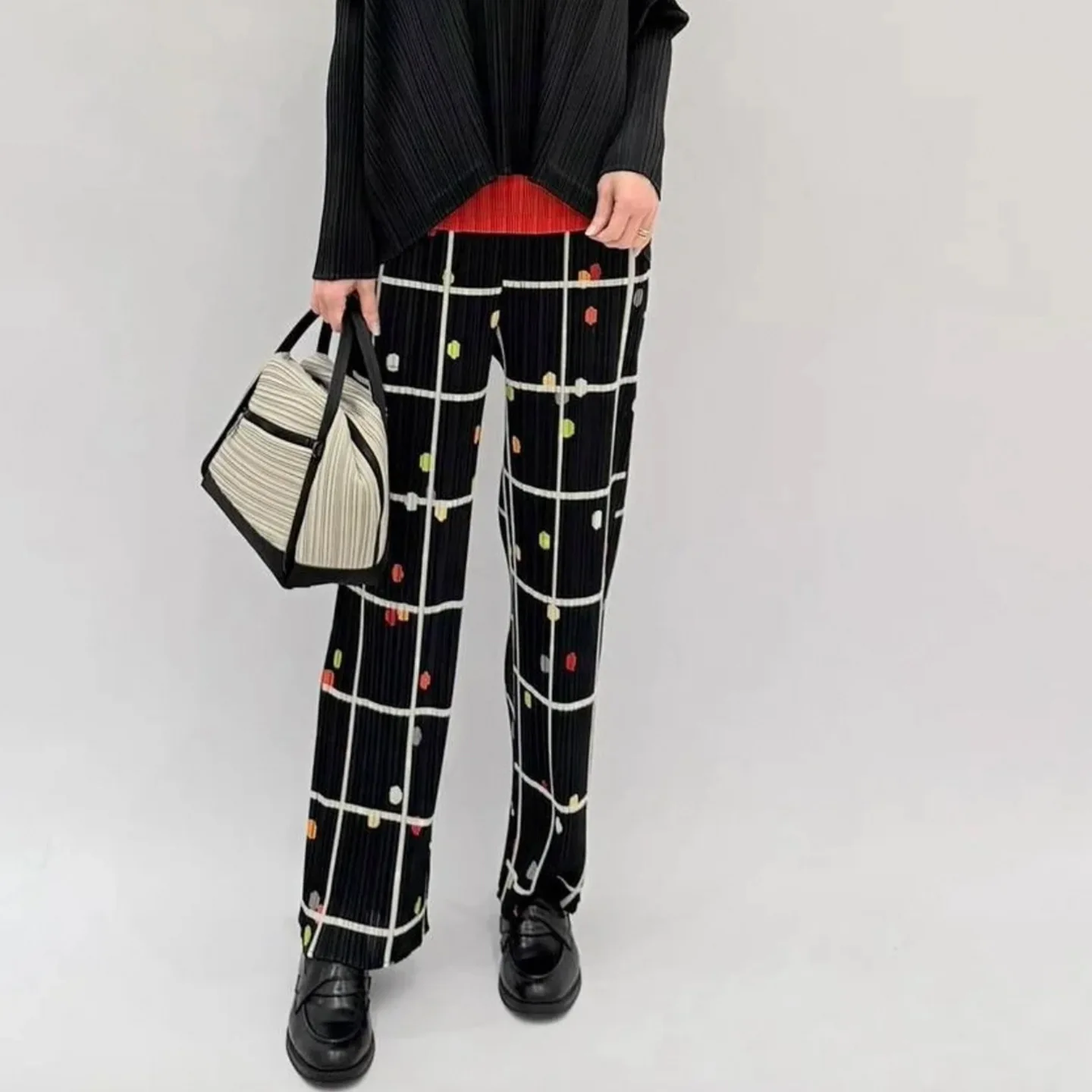 

Miyake Pleated Casual Printed Straight Pants, Fashionable and Versatile Trousers, Loose Large Size Nine-point Casual Pants