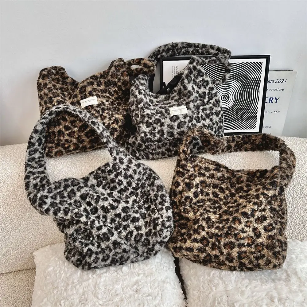 Lamb Wool Leopard Print Shoulder Bag Korean Style Large Capacity Vacation Tote Bag Solid Color Office Worker Tote Shoulder Bag