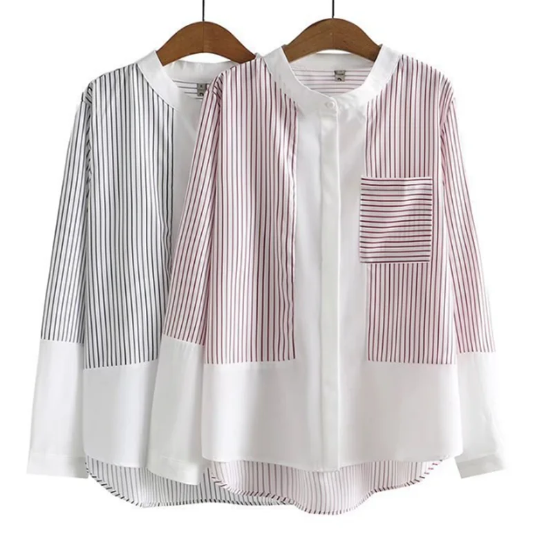 Plus-Size Women's Spring 2022 New Striped Patchwork Round Collar Mid-Length Long-Sleeve Shirt 156