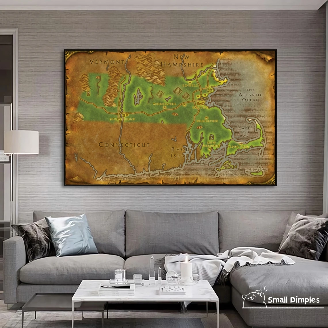 Map Of Massachusetts - World Of Warcraft Style Map Game Poster Canvas Art Print Home Decoration Wall Painting ( No Frame )