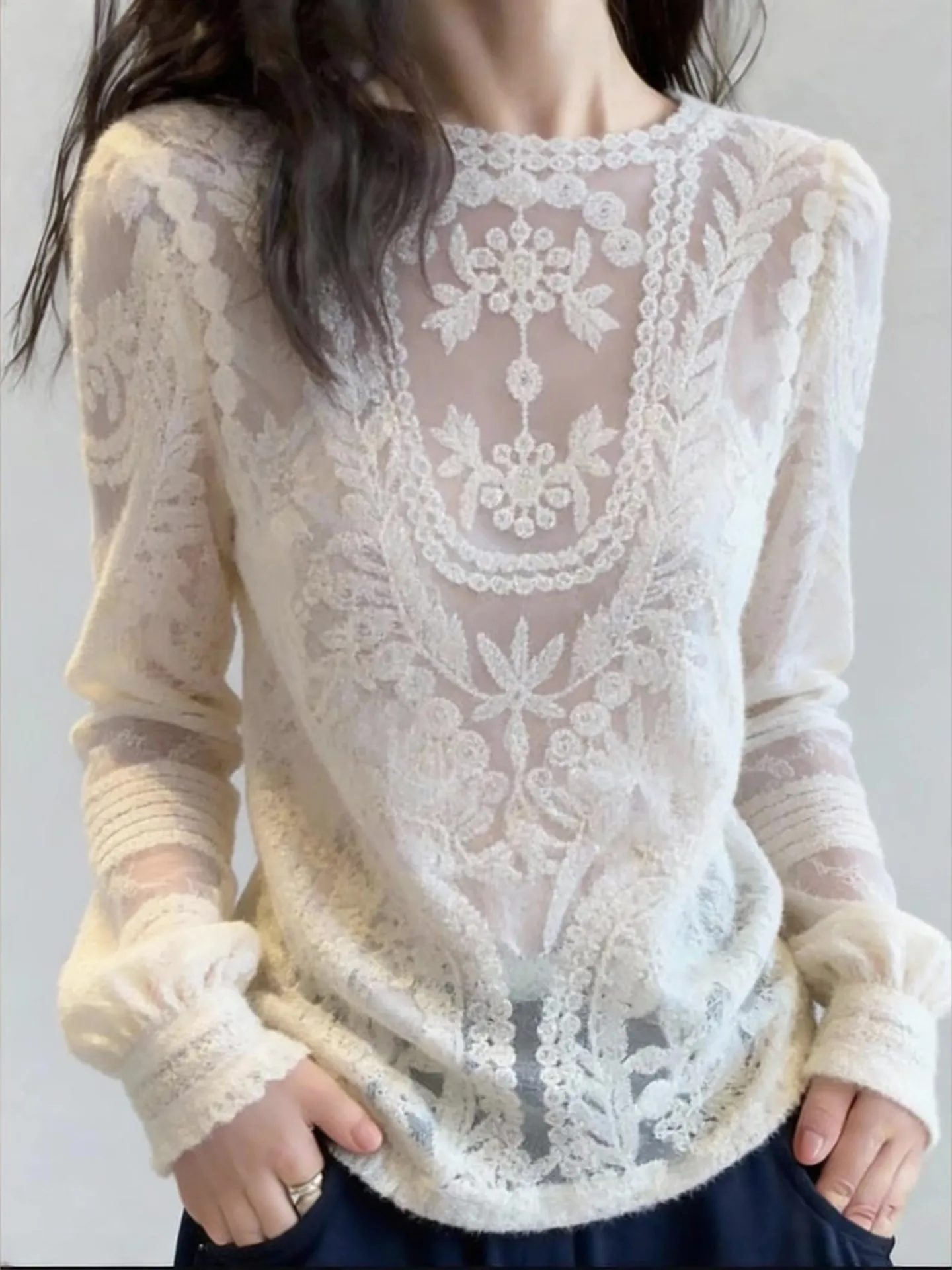 

Elegant Lace Hollow out Long Sleeve Top Women's Fashionable Layering Design Winter New Style White Color Commute Friendly Loo...
