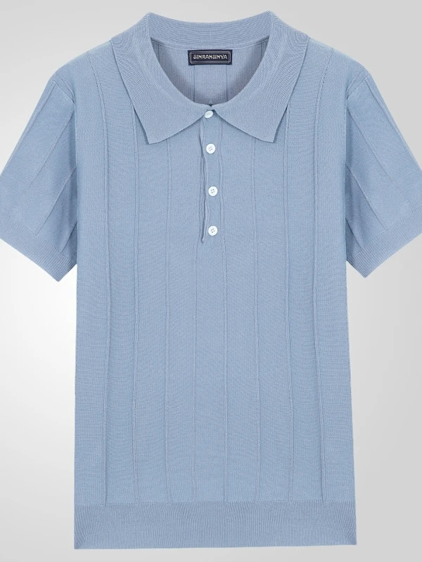 

Summer ort Sve Knitted irt Men Casual Tops Busin Leisure Stand Fit Commute Pure Color Flip Collar T-irt