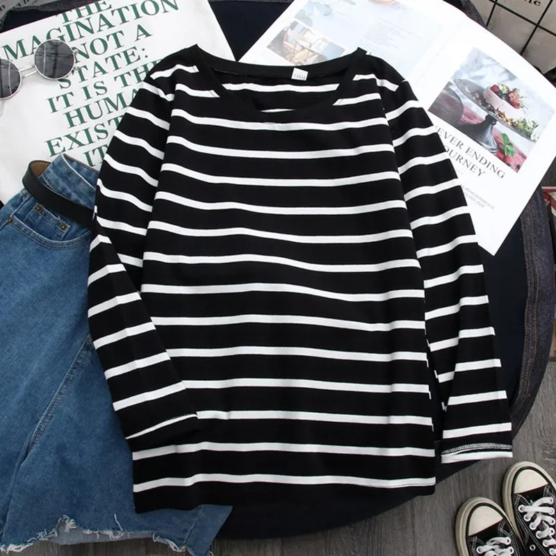 Women Loose Stripes Print Top Autumn Round Collar Long Sleeve Casual Simple Wild T-Shirt Female Black White Cotton Top Tee Shirt