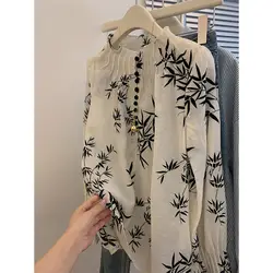 Spring Autumn New Fashion Printing Chiffon Blouses Women's Clothing Loose Buttons Round Neck Long Sleeve Simplicity Thin Shirts