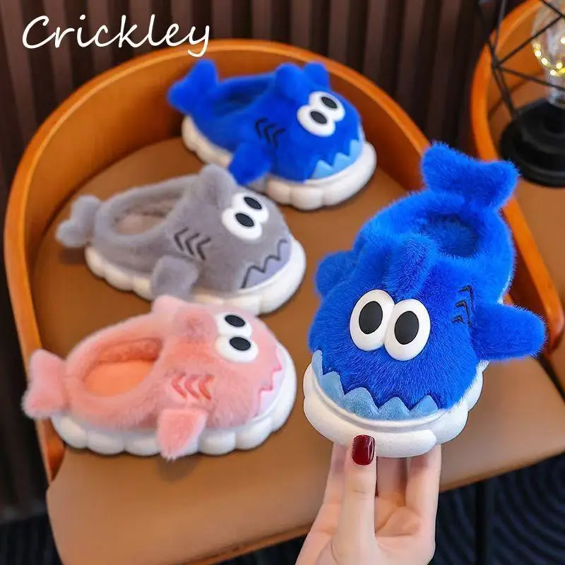 

Winter Cute Shark Kids Slippers Cartoon Plush Warm Boys Girls Indoor Shoes Thick Soft Anti Slip Children Slippers