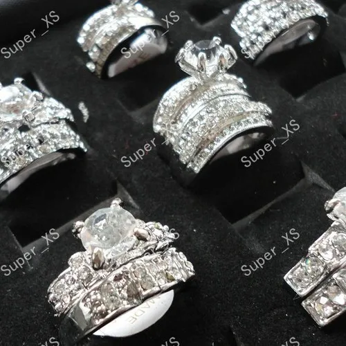 20Pcs / 10 Pairs Hot! 2 in 1 Zircon Rhinestones Silver Rings For Women Whole Jewelry Bulk Lots  LR154