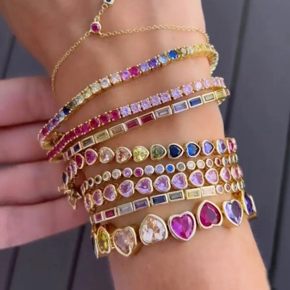 New Fashion Rainbow Cz Cubic Zirconia Tennis Bracelet For Women Men Luxury Jewelry Gold Color Gorgeous Trendy Bangle