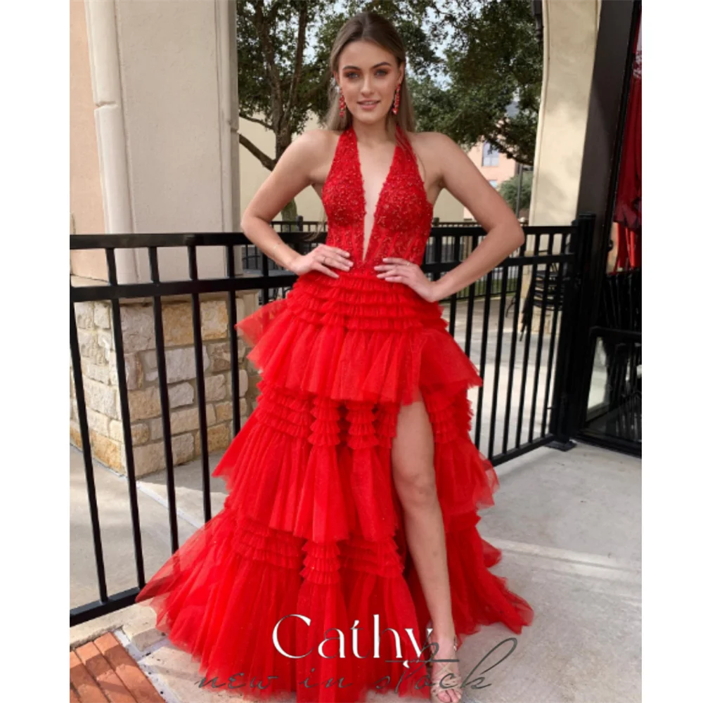 

Cathy Red Sexy V-neck A-line Prom Dress Sleeveless Side High Split Tulle Vestidos De Fiesta Elegant Stylish Organza Party Dress