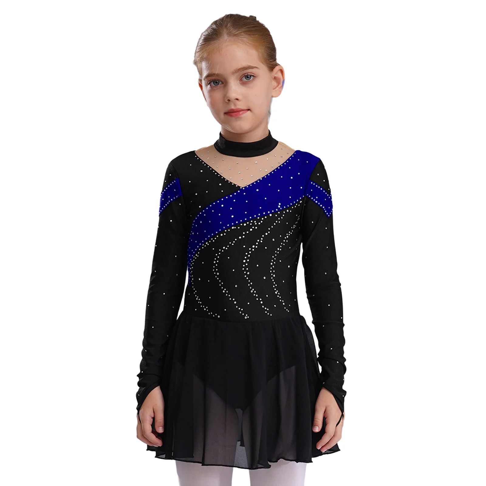 Figure Skating Dress for Kids Girls Long Sleeve Ballet Lyrical Dance Rhythmic Gymnastics Leotard Stage Performance Dancewear
