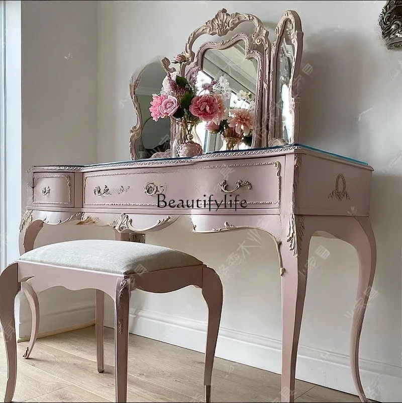 

yj9 American French solid wood pink bedroom princess dressing table makeup mirror light luxury simple