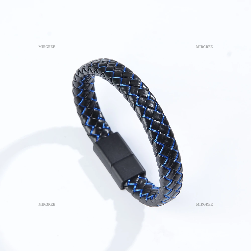 قطعة واحدة من سوار جلد البولي يوريثان المنسوج باللونين الأسود والأزرق للرجال، إكسسوار معصم كاجوال فريد، هدية ممتازة