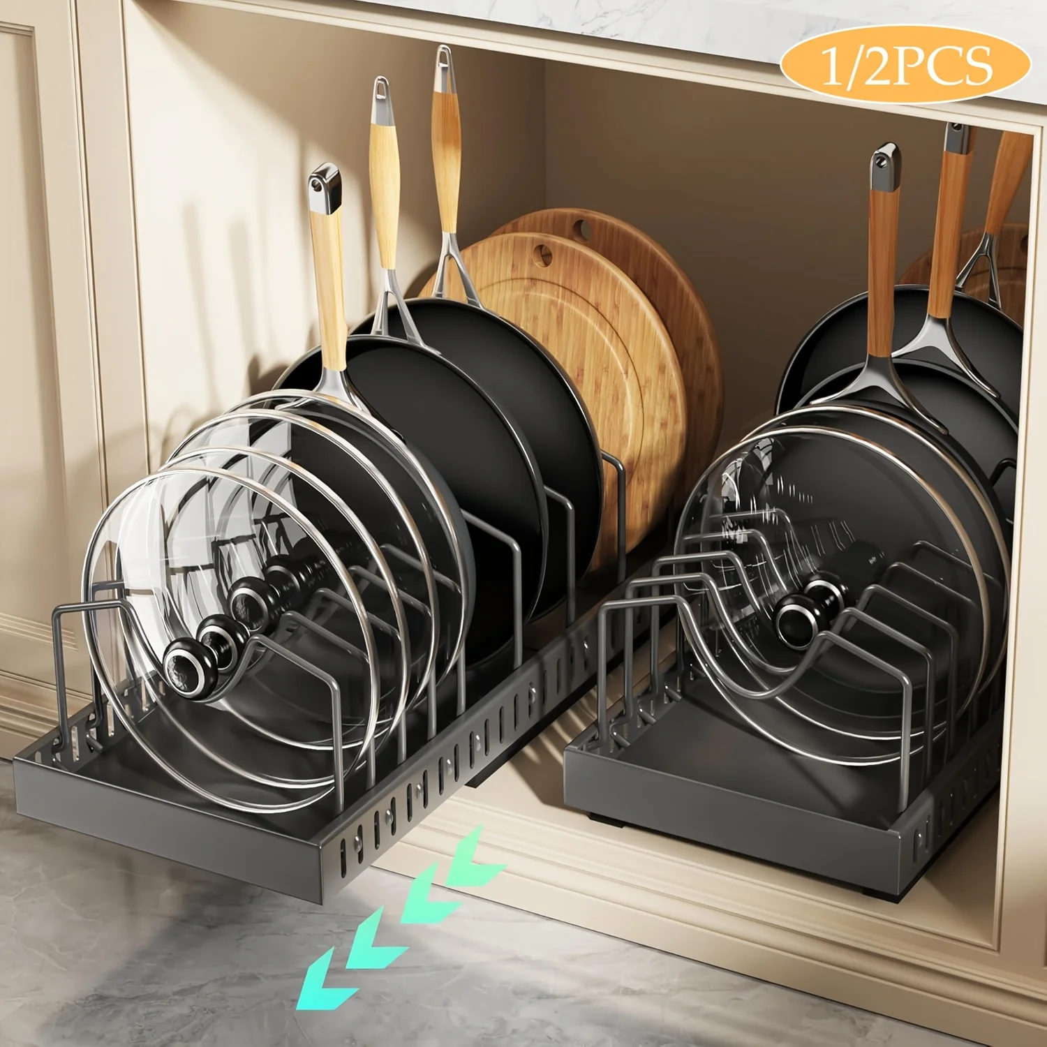 Pull Out Pot Lid Organizer Rack For Kitchen Cabinets Metal Pan Holder For Cookware Utensil Storage Fridge Container Basket