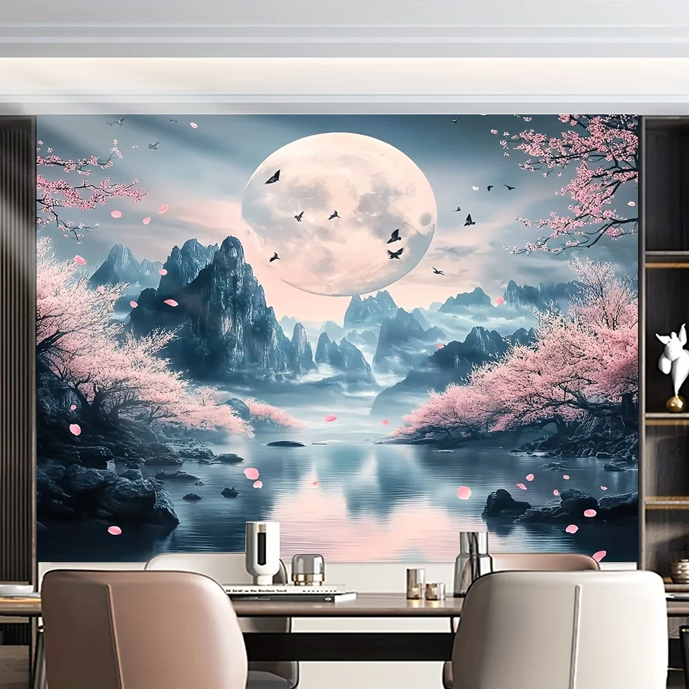 قطعة واحدة من نسيج جبل ساكورا والقمر للفصول الأربعة، قماش بوليستر، قابل للغسل في الغسالة، رائع لتزيين المكاتب المنزلية