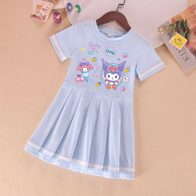 Sanrios Hellokittys Dress Kawaii Kuromi Girl Princess Dress Summer Cotton Short Sleeve Fashion Pleated Skirt Preppy Kids Clothes