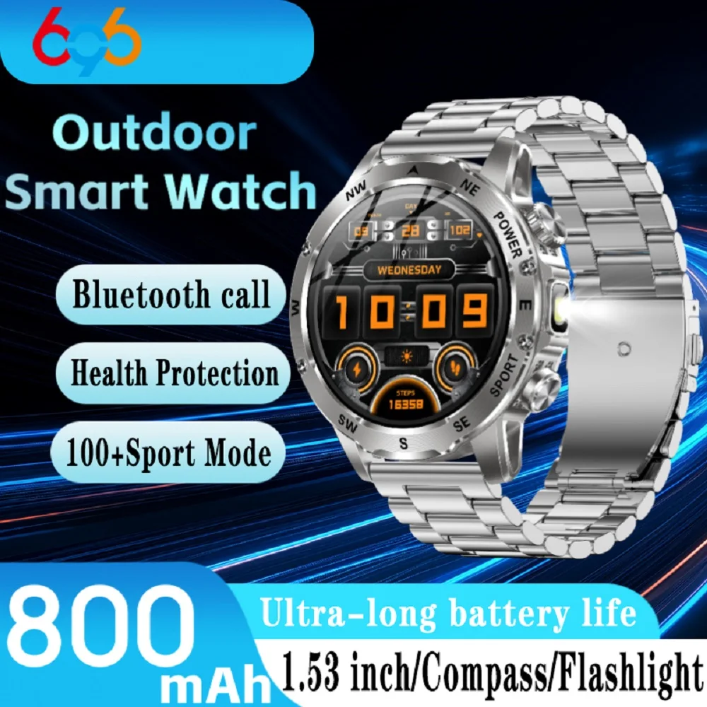 

Outdoors Smart Watch Men Women 800Mah Battery Smartwatch Flashlight Compass BT Call Sports Fitness IP68 Waterproof Health Music
