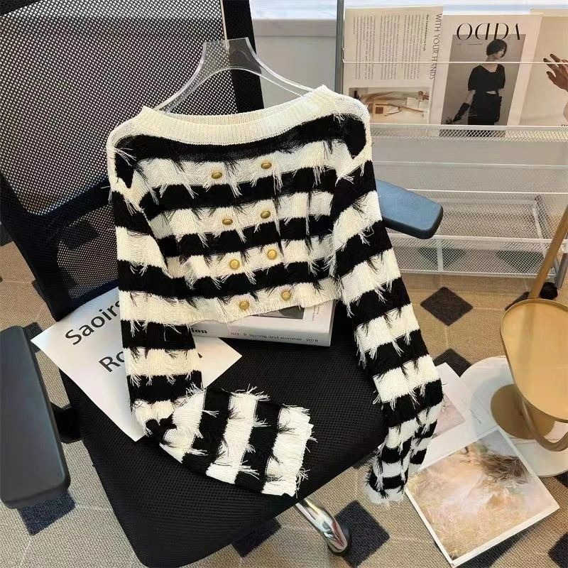 

Autumn Winter Women Knitted Striped Round Collar Pull Sweater Casual Rib Tassel Tops Female Home Pullover Y2K Clothing 2025 B139