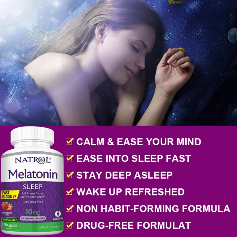 Melatonin Sleep Supplement 10 Mg - Immune Support, Stress Relief, Fall Asleep Faster, Focus & Concentration, Non-GMO