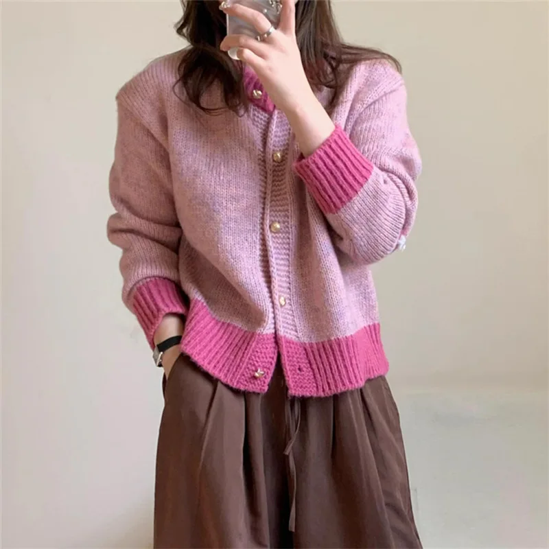 Cárdigan para mujer, suéteres, abrigos, chaquetas de cuello redondo, abrigo de trabajo, jerséis Y2k, ropa de calle elegante de punto abierto, Otoño Invierno