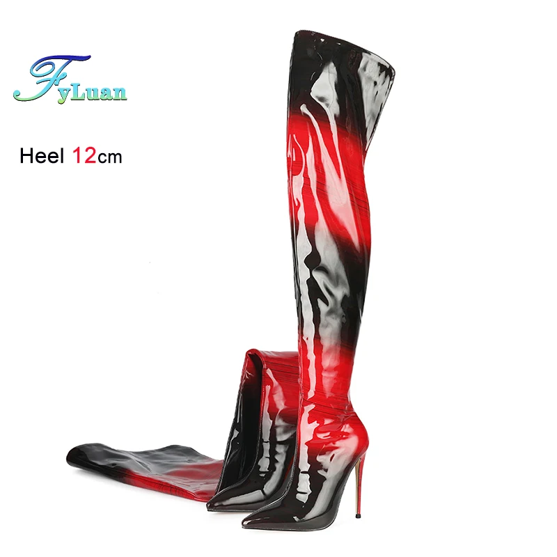 

Женские остроконечные сапоги с градиентом цвета в Европе и Америке, пикантные длинные туфли на шпильке 12 см, женские сапоги выше колена с молнией сзади