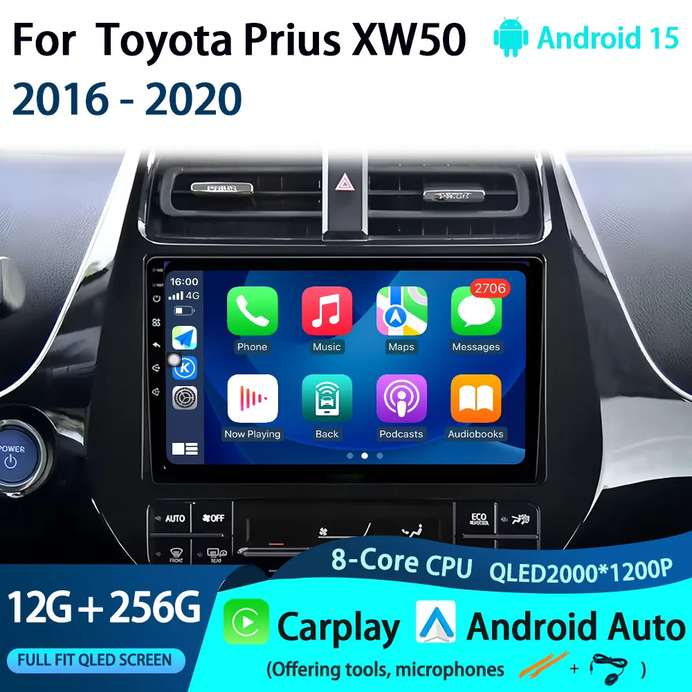 For Toyota Prius XW50  2016 - 2020 Car Radio Android 15 Multimedia Player Stereo GPS WIFI 4G wireless Carplay Auto video BT