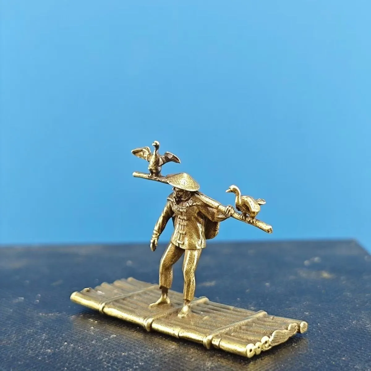 Pure copper bamboo raft fishing man cormorant micro landscape decoration