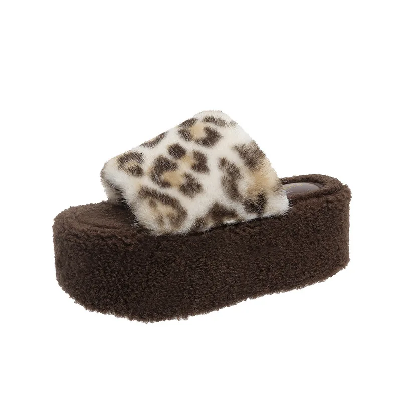 Flock Low Shoes Ladies Slippers Slipers Women Fur Flip Flops Platform 2025 Plush Leopard Hoof Heels leopard Fabric Slides Rome