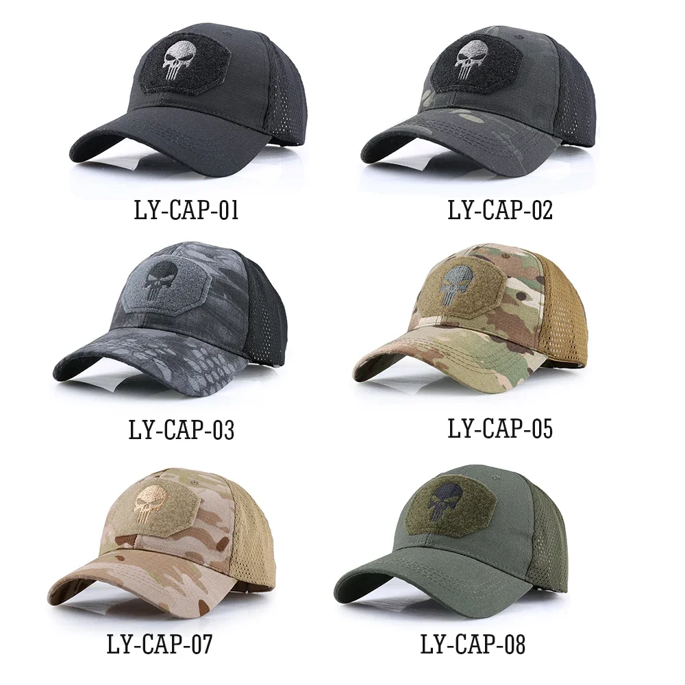 Camuflagem tático boné de beisebol crânio esporte snapback airsoft caça caminhadas malha à prova de sol ajustável chapéu de caminhoneiro verão