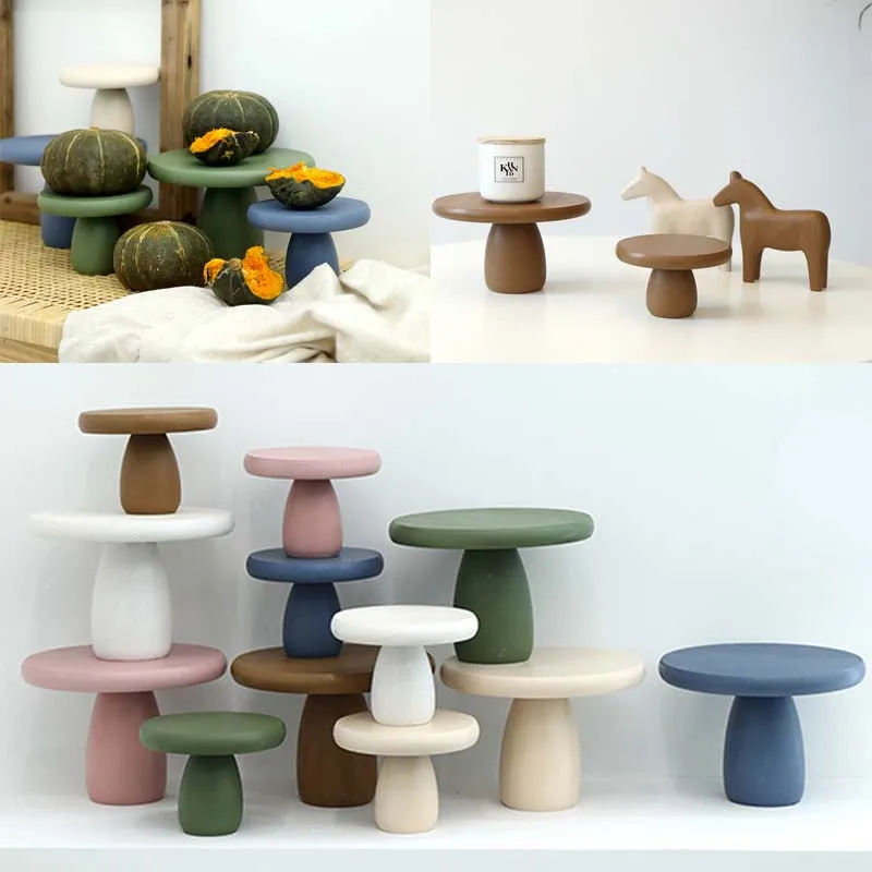 

Morandi Color Wooden Mushroom Design Photography Shooting Props Home Decoration Cake Plate Wooden Tray